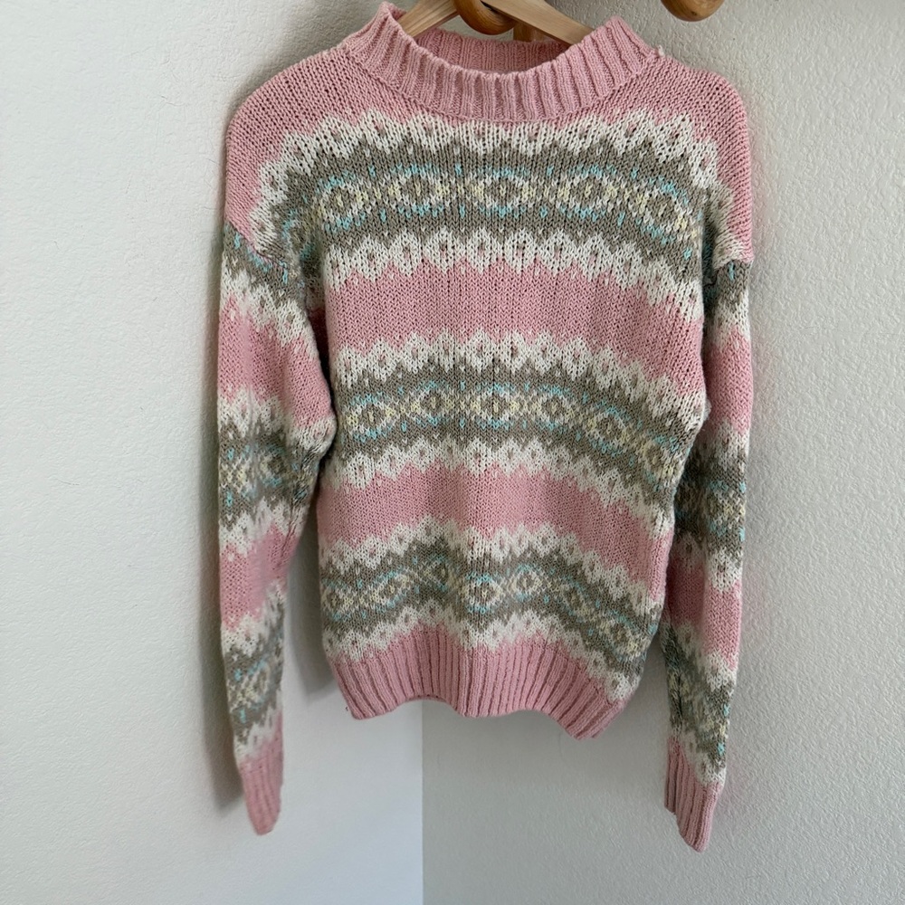Vintage Laura Jean pastel pink sweater fair isle cottagecore grandmacore size M